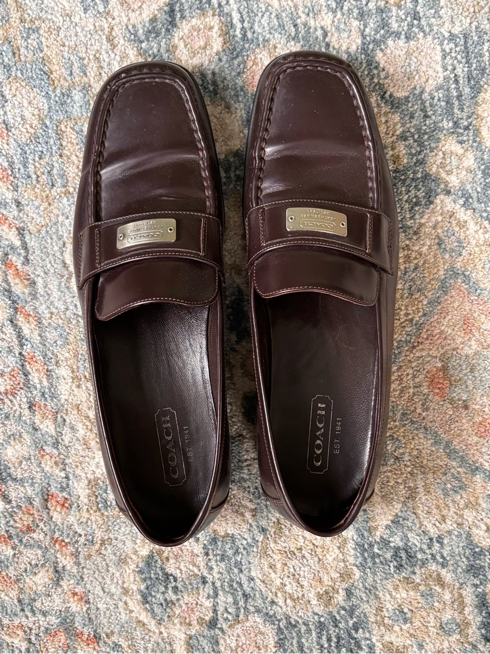 COACH women’s Dark Brown Leather Penny Loafers with Metal Plaque